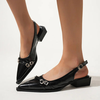 Glossy Pointy Toe Belt Buckles Decor Slingback Strap Flats