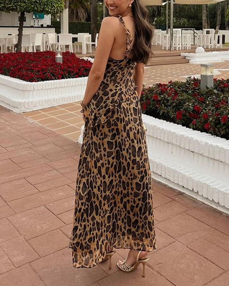 Elegant Leopard Print Split Chiffon Dress