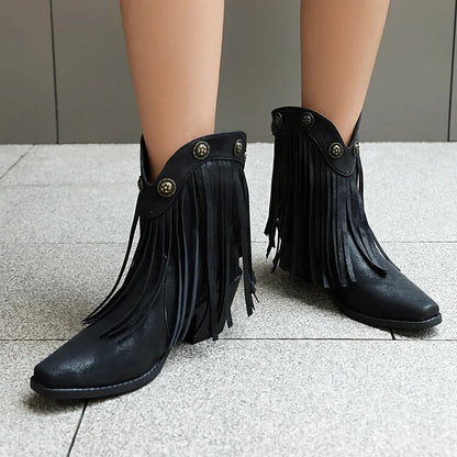 Fringed Trim Metallic Studded Square Toe Chunky Heel Ankle Boots