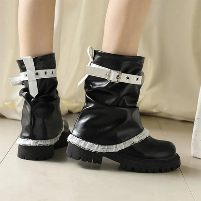 Colorblock Strap Buckle Lace Patchwork Fold Over Round Toe Ankle Boots