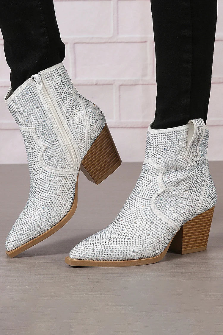 Rhinestone Decor Patchwork Zipper Pointed Toe Ankle Boots