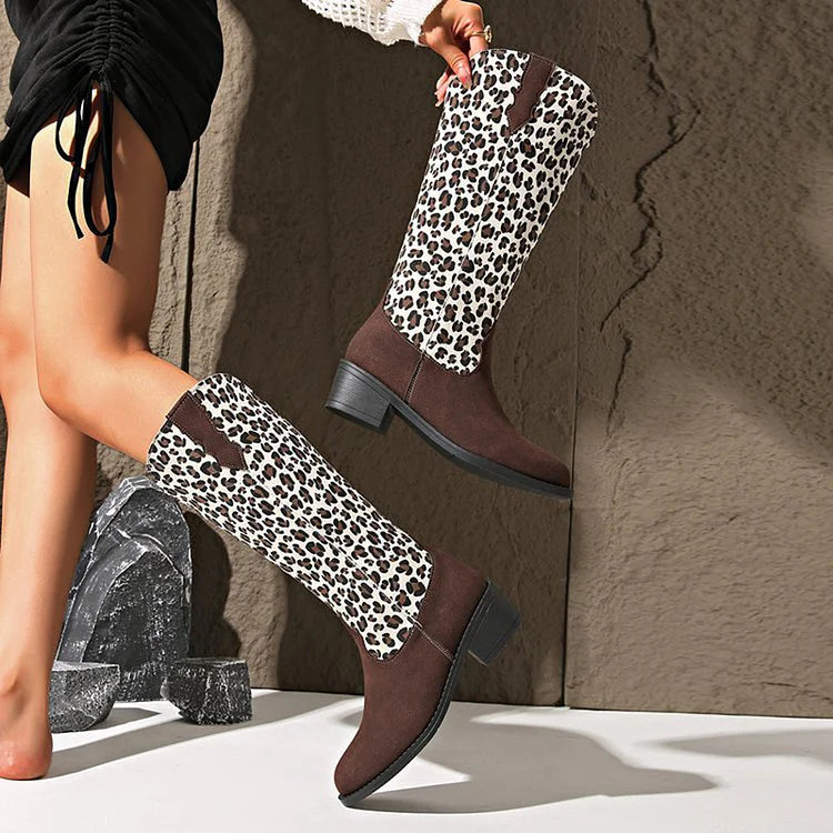 Leopard Print Patchwork Round Toe Chunky Heel Knee High Boots