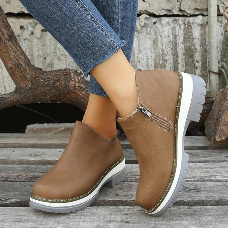 Patchwork Round Toe Chunky Heel Zipper Casual Ankle Boots