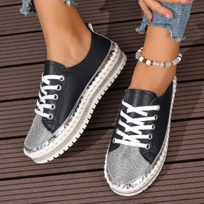 Rhinestone Decor Stitch Detail Round Toe Lace Up Sneakers