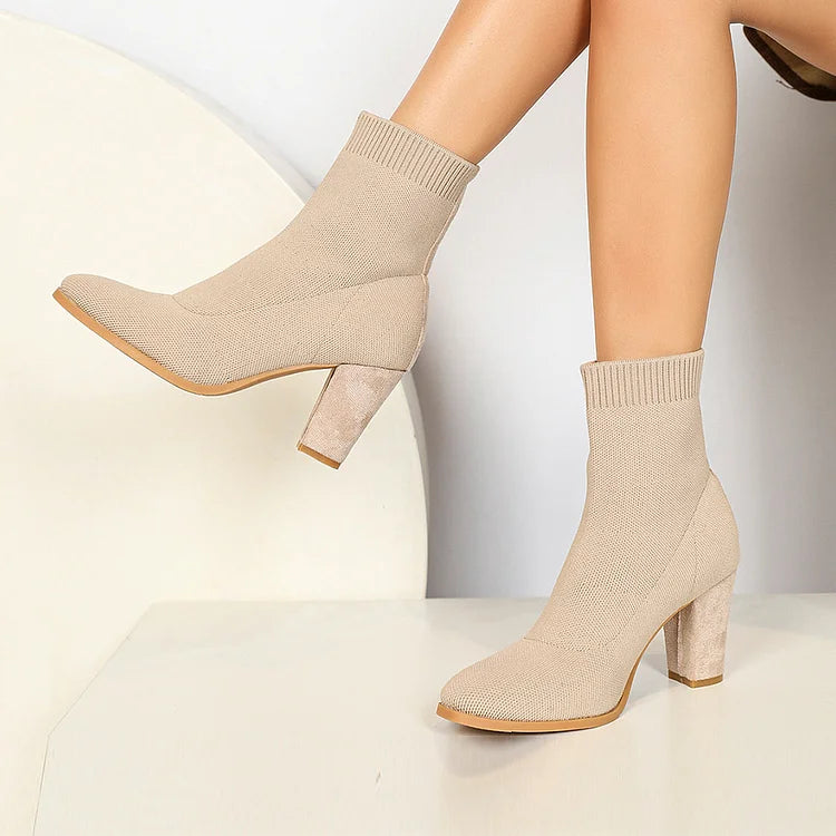 Knitted Solid Color Pointed Toe Chunky Heel Pull On Sock Ankle Boots