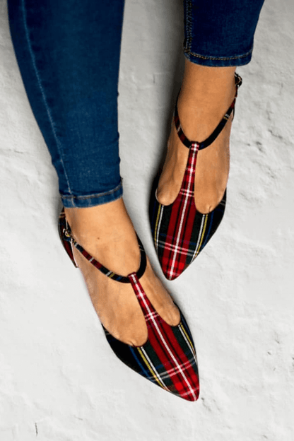 Plaid T-Strap Pointed Toe Flats