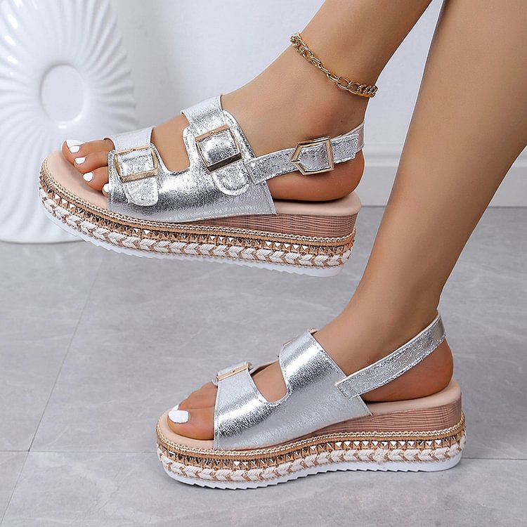 Metallic Sheen Slingback Strap Studded Buckles Platform Sandals