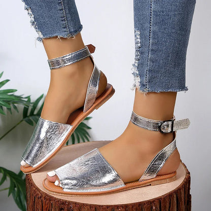 Metallic Sheen Ankle Strap Peep Toe Buckle Casual Sandals