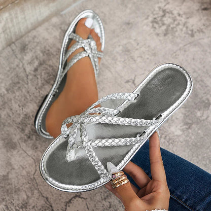 Seam Woven Strappy Metallic Sheen Flip Flops Slippers