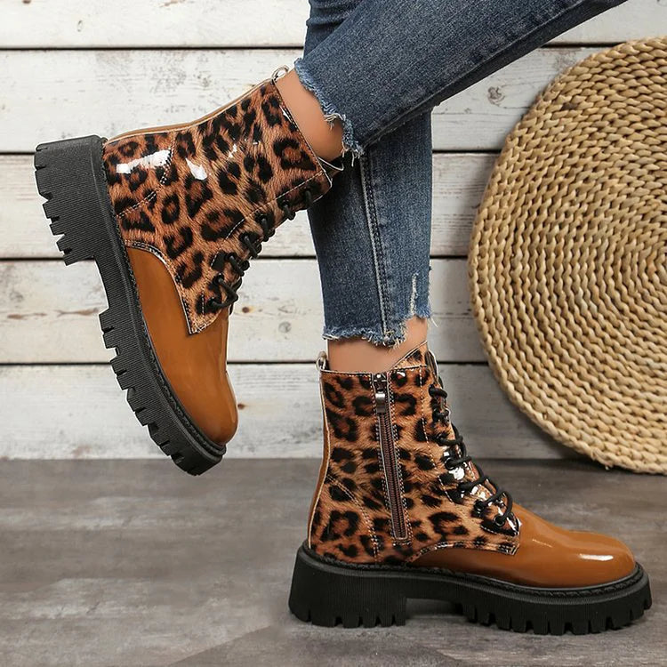 Patchwork Leopard Print Round Toe Chunky Heel Lace Up Mid Boots