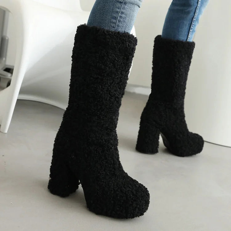 Solid Color Faux Fur Round Toe Chunky Heel Platform Mid Calf Boots