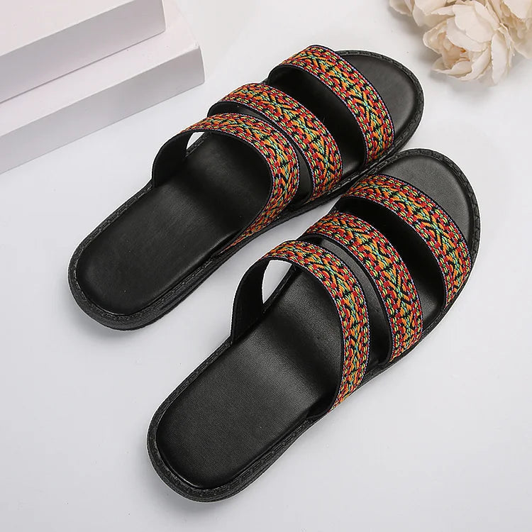 Ethnic Pattern Three Instep Straps Round Toe Slippers