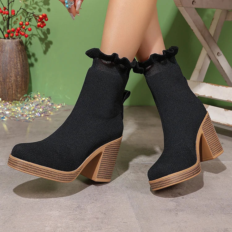 Knitted Frilled Round Toe Chunky Heel Pull On Mid Boots