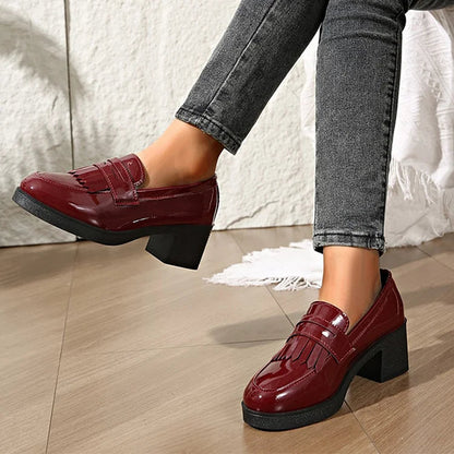 Patchwork Fringed Trim Round Toe Chunky Heel Loafers