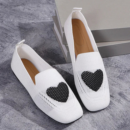 Heart Print Square Toe Knit Breathable Casual Slip Flats