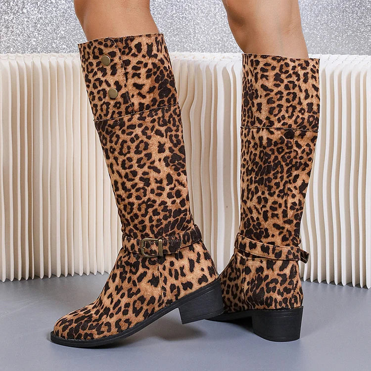 Leopard Print Round Toe Strap Buckle Chunky Heel Knee High Boots