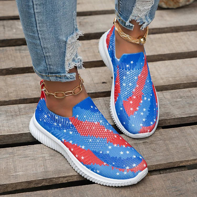 Striped Star Pattern Print Slip On Casual Lightweight Sneakers