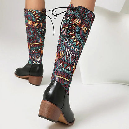 Multicolor Tribal Pattern Patchwork Lace Up Mid Calf Boots