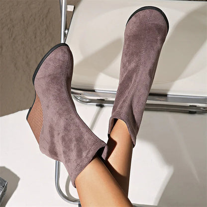 Solid Color Round Toe Wedge Heel Pull On Ankle Boots