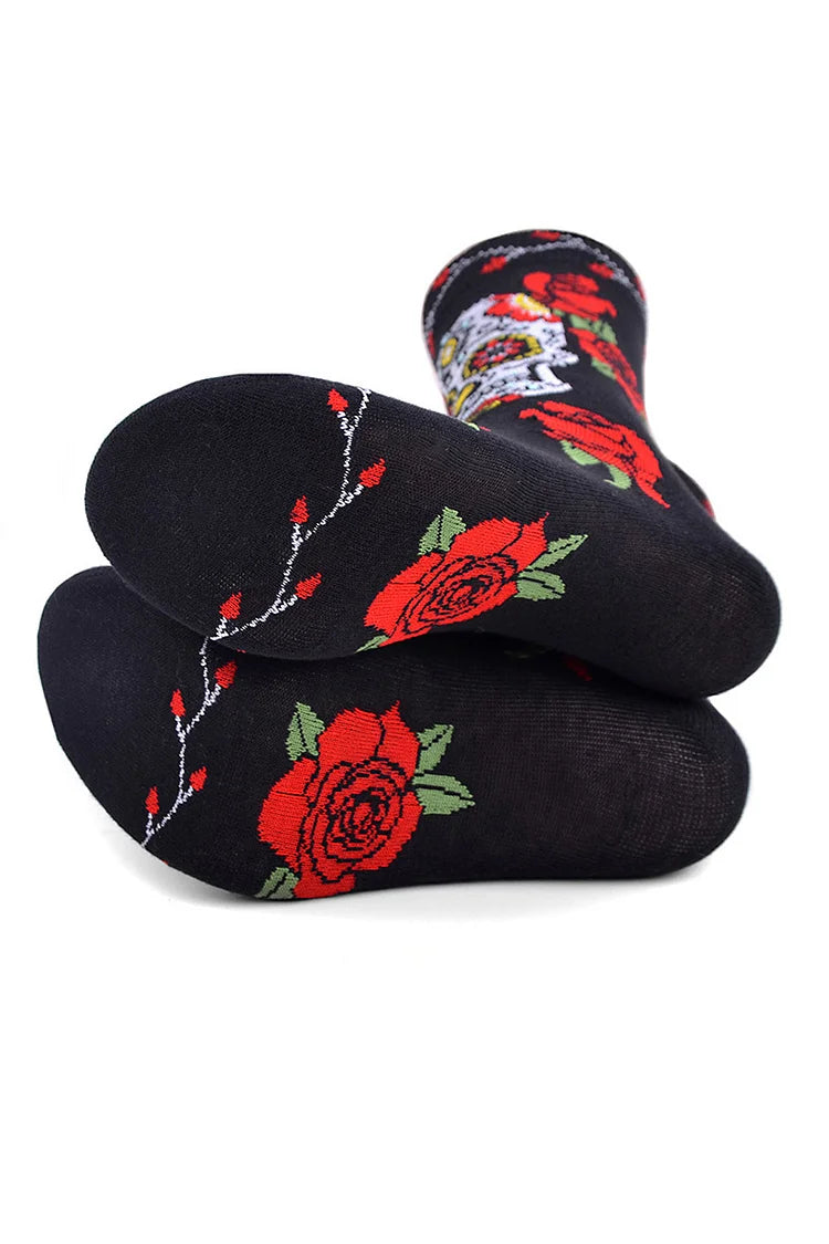 Halloween Roses Skeleton Skull Pattern Mid Calf Socks