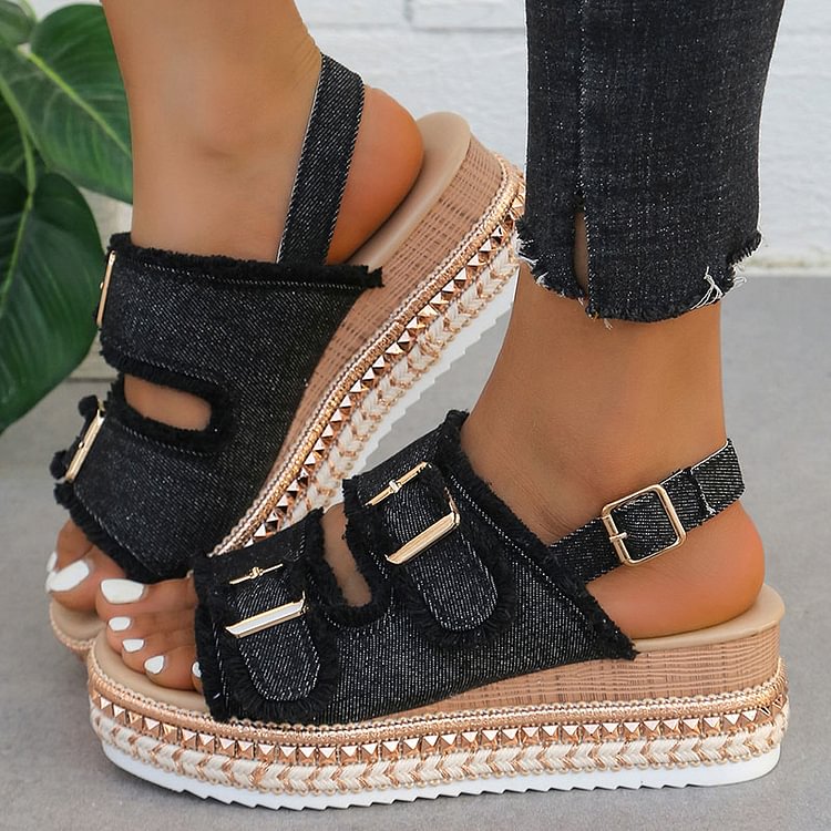 Frayed Raw Trim Buckles Peep Toe Slingback Strap Wedge Denim Sandals