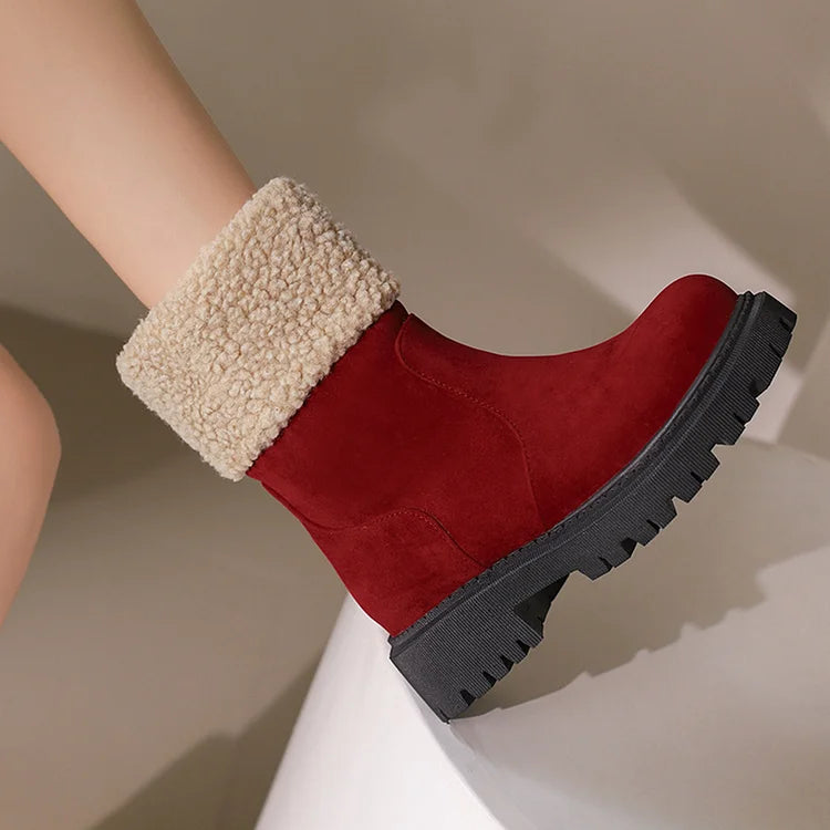 Patchwork Fluffy Trim Round Toe Chunky Heel Pull On Snow Boots