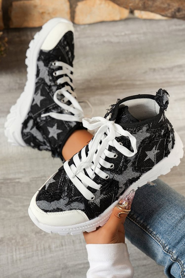 Star Pattern Raw Trim Patchwork Round Toe Lace Up Sneakers