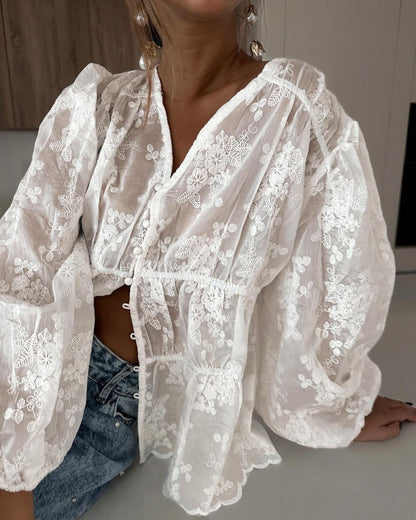 Rooney Sheer Button Down Applique Blouse