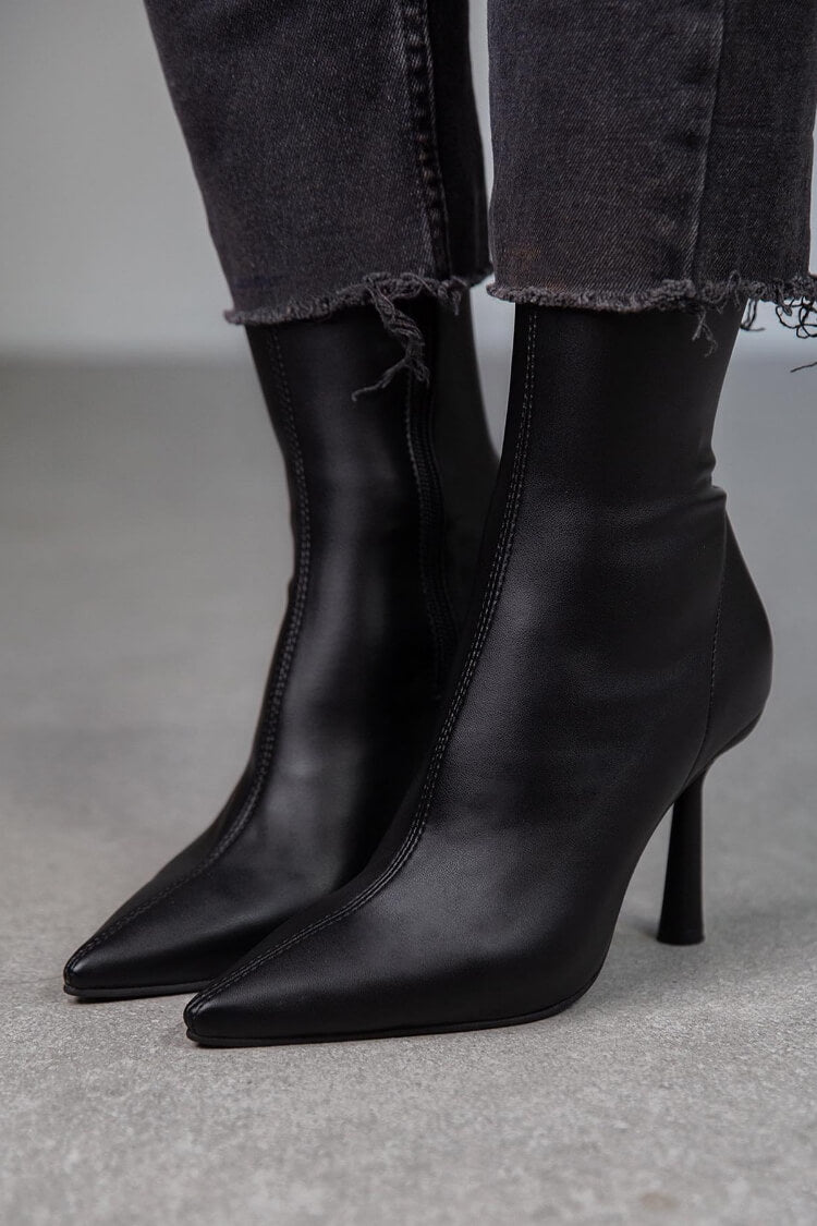 Sleek Black Faux Leather Pointed Toe Stiletto Ankle Boots[Pre Order]