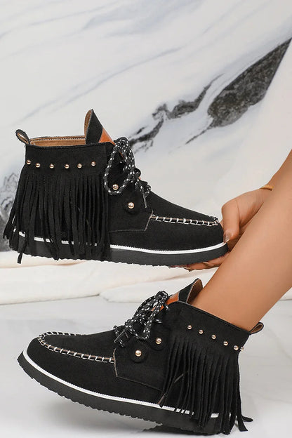 Fringed Trim Metallic Studded Round Toe Lace Up Ankle Boots