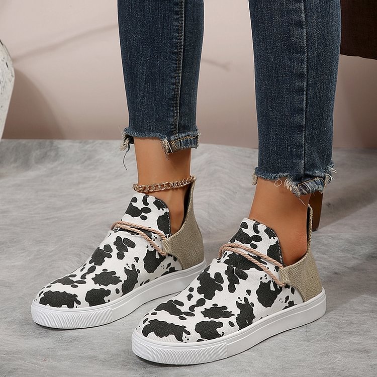 Cow Print Patchwork Round Toe Casual Flat Sneakers