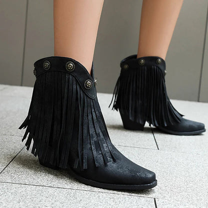 Fringed Trim Metallic Studded Square Toe Chunky Heel Ankle Boots