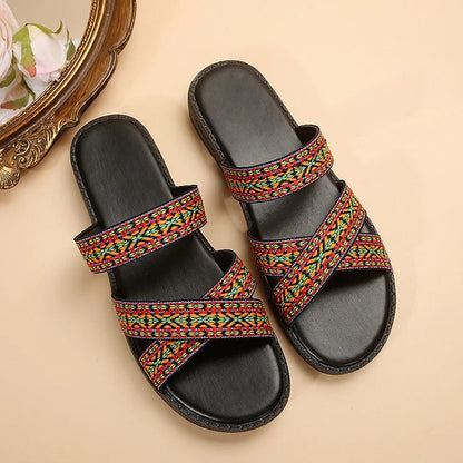 Retro Ethnic Pattern Cross Strap Round Toe Slippers