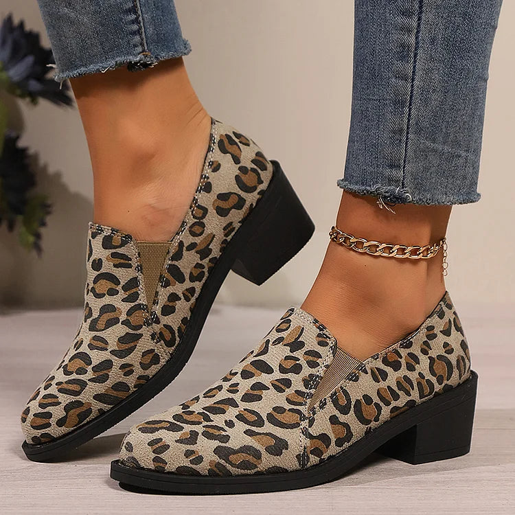 Leopard Print Round Toe Chunky Heel Casual Loafers