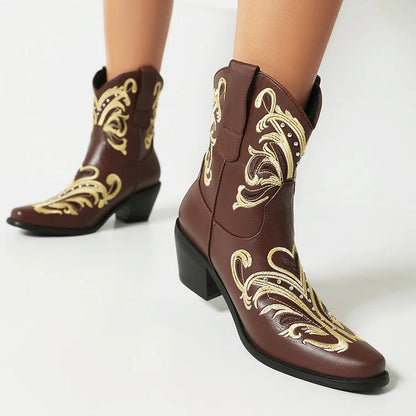 Embroidery Metallic Studded Square Toe Chunky Heel Western Boots