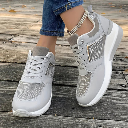 Rhinestone Embellished Patchwork Lace Up Wedge Sneakers