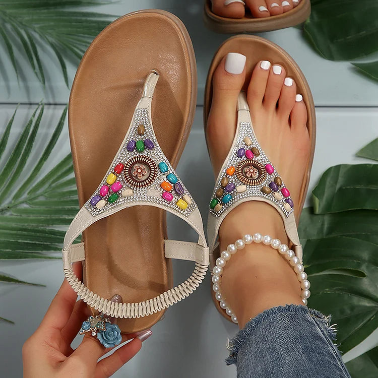 Boho Colourful Beads Rhinestone Flip Flops Elastic Band Sandals