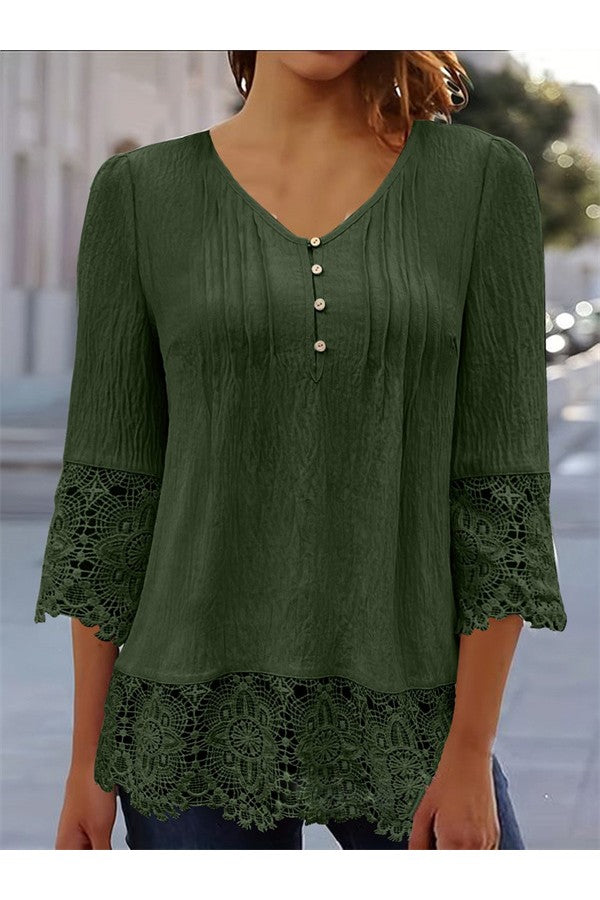 V-neck Plain Lace 3/4 Sleeve Loose Blouse