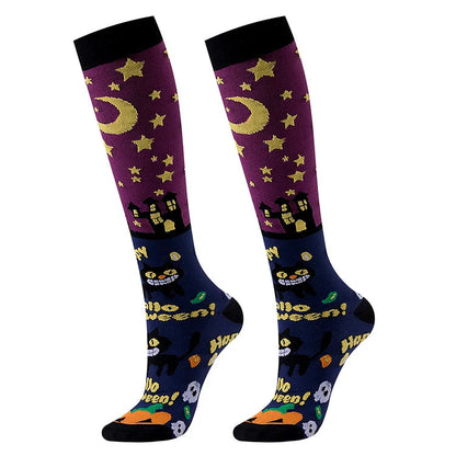 Halloween Pattern Skull Ghost Haunted House Star Print Over The Calf Socks