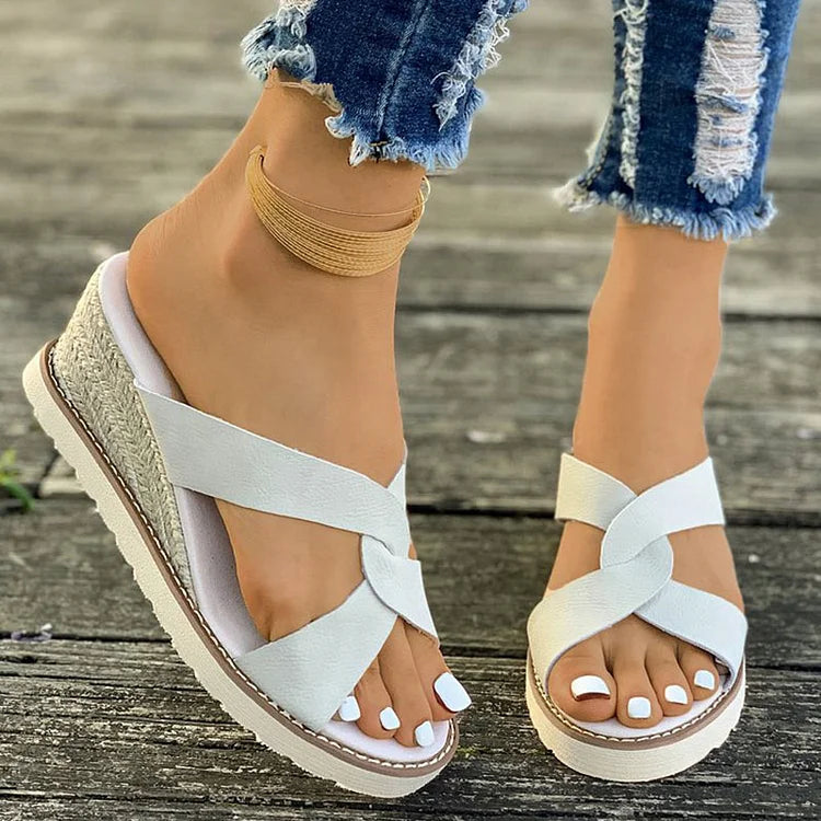 Casual Cross Strap Peep Toe Plain Espadrille Wedge Slippers