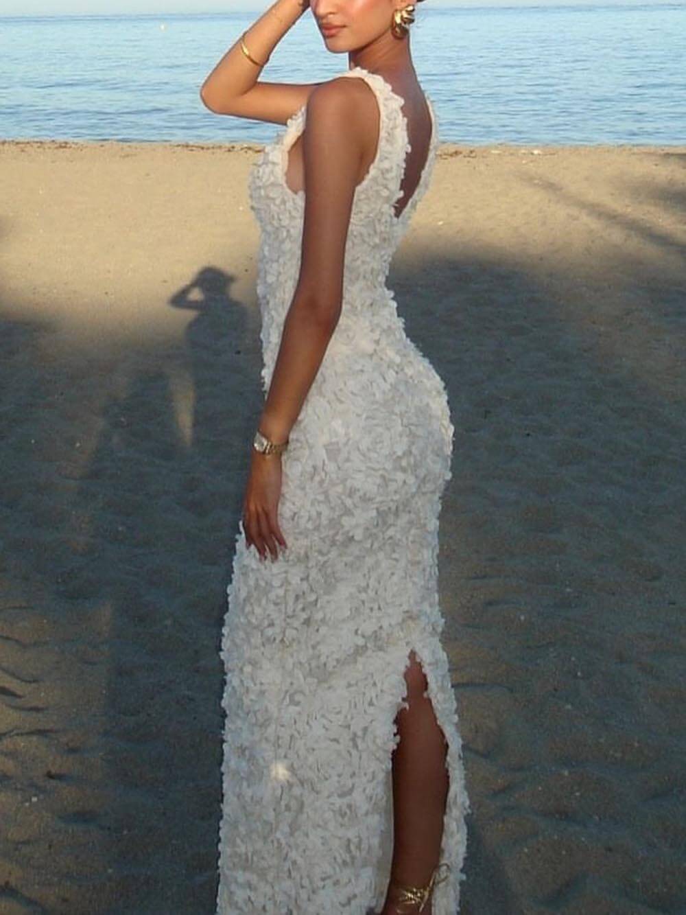 Elegant Floral Applique Deep V Neck Gown Dress