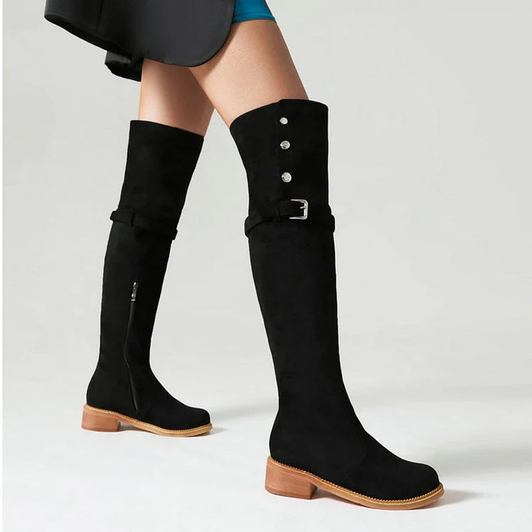 Metal Button Strap Buckle Decor Round Toe Over The Knee Boots