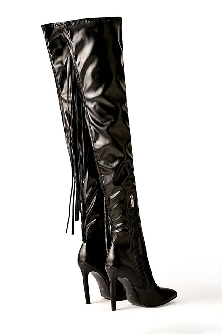 Long Fringe Zipper Patchwork Pointed Toe Stiletto Heel Over The Knee Boots