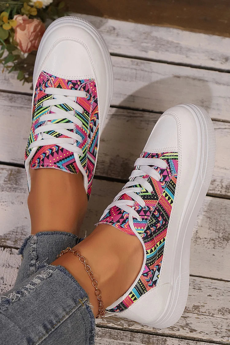 Multicolor Geometric Print Round Toe Canvas Lace Up Sneakers