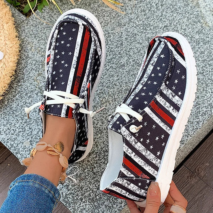 Colorblock Striped Star Flag Print Round Toe Lace Up Sneakers