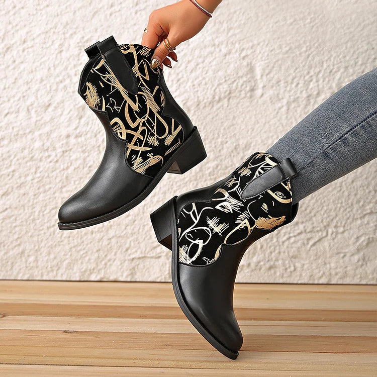 Pattern Print Round Toe Patchwork Chunky Heel Mid Boots