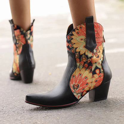 Floral Print Patchwork Chunky Heel Pointed Toe Ankle Boots