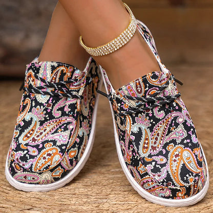 Canvas Paisley Print Round Toe Lace Up Flat Sneakers