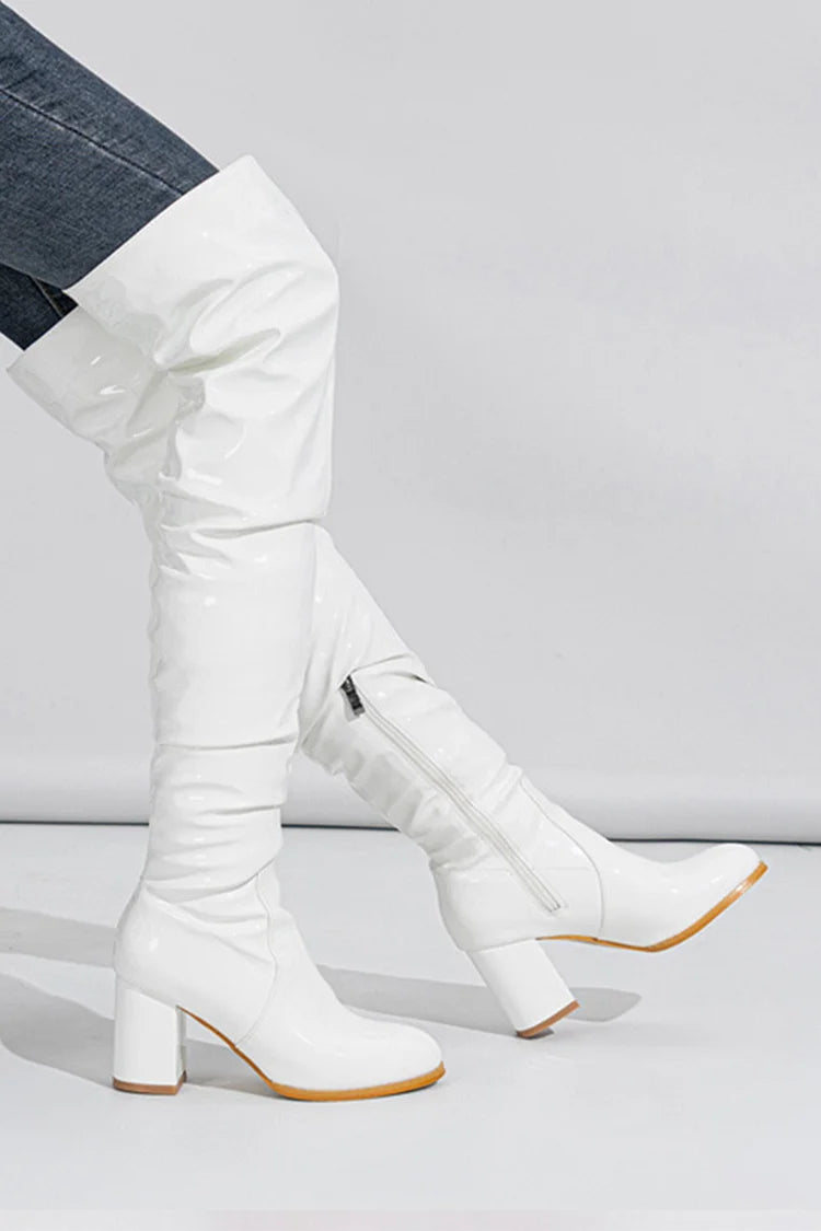 Solid Color Round Toe Chunky Heel Patchwork Zipper Over The Knee Boots