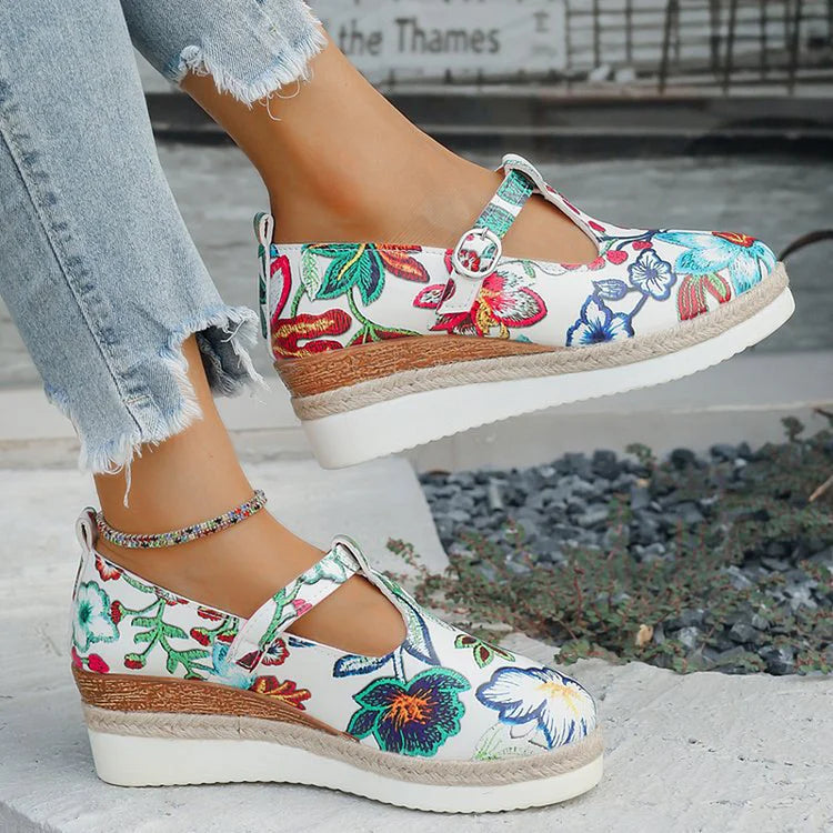 Floral Print Round Toe T-Strap Buckle Wedge Heel Sandals